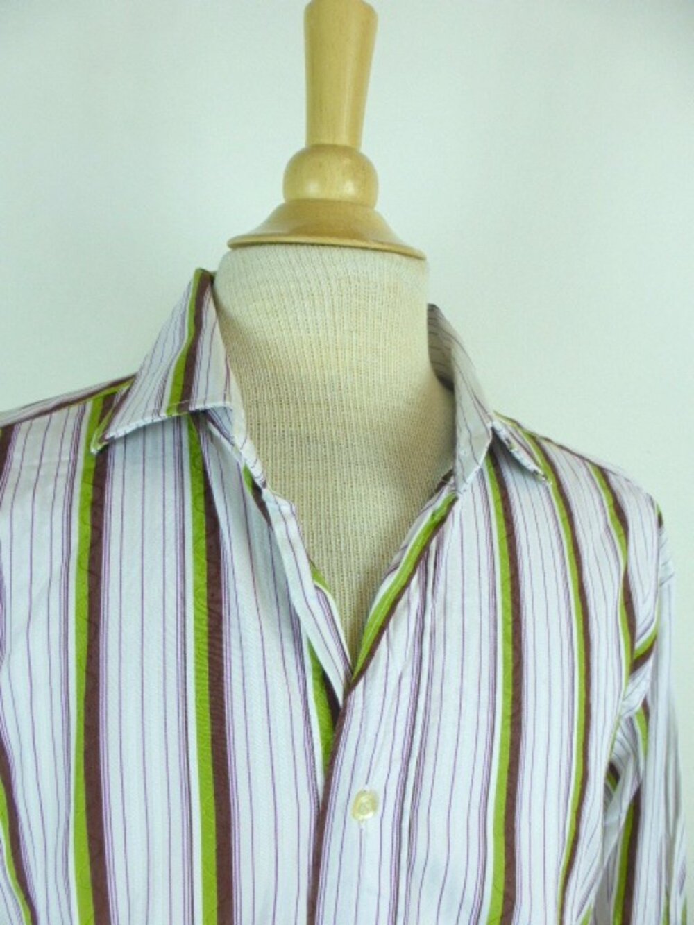 ETRO MILANO ITALY green brown WHITE STRIPE french cuff dress Shirt 42 L